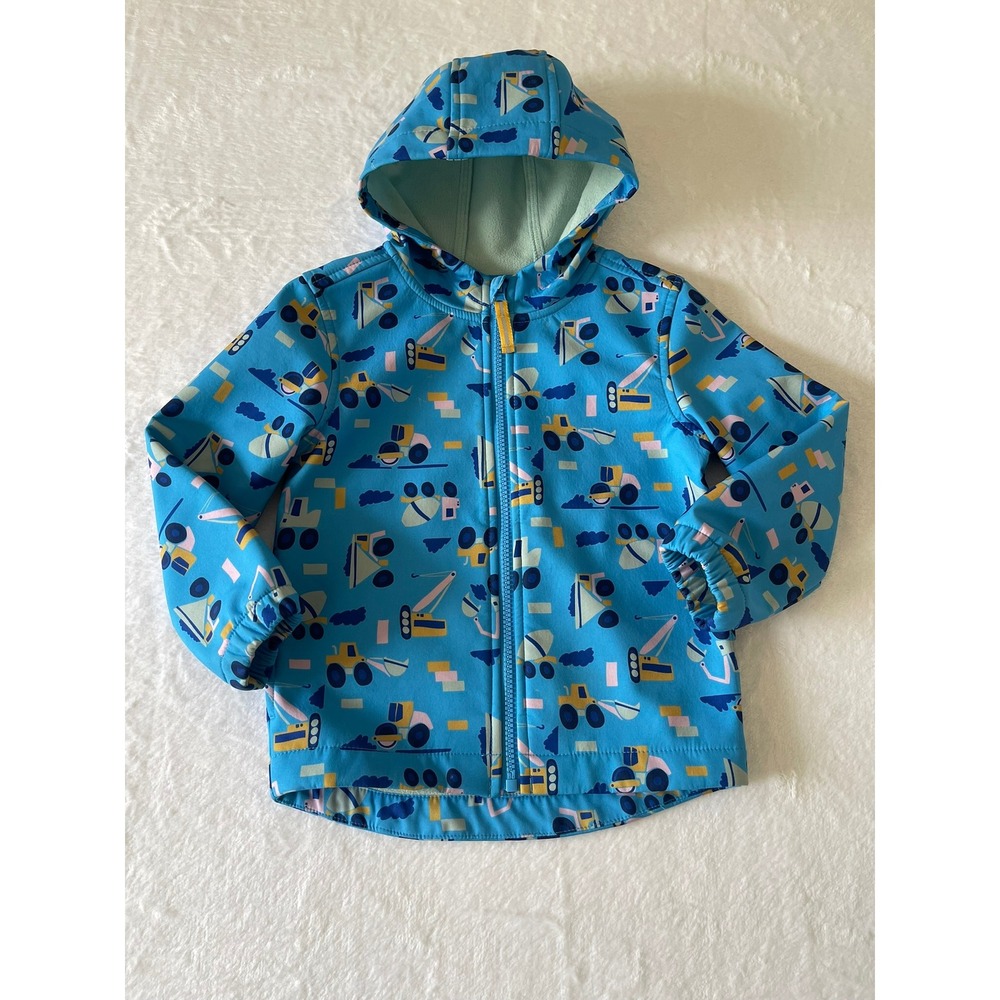 Cat & Jack Boys 4T Blue Construction Trucks Hooded Rain Jacket Fleece Lined